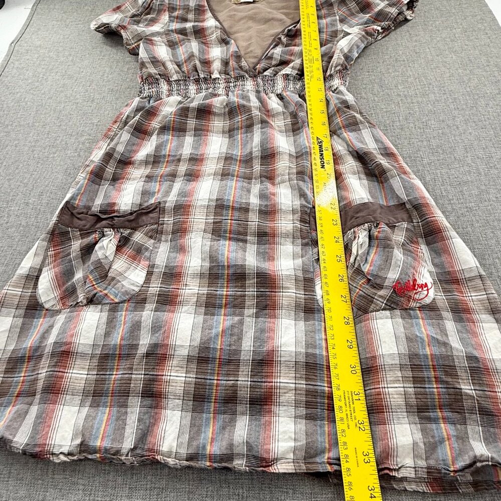 Billabong Vintage Plaid Dress Lined Low V-Neck Short Sleeve 100% Cotton Large - Picture 8 of 14